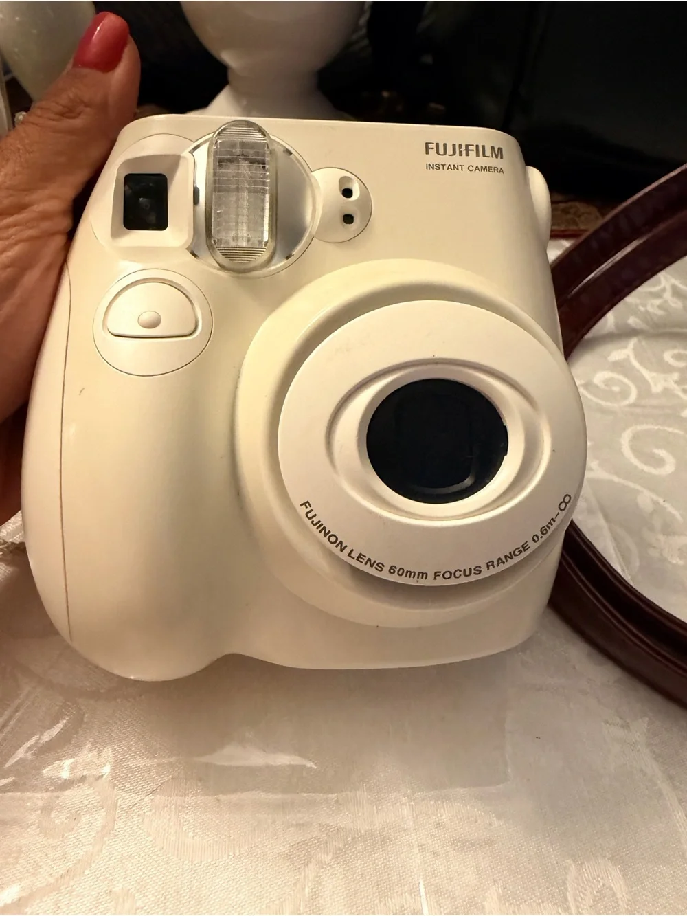 Fujifilm Instax Mini 7S Instant Camera in White with Brown Faux Leather Case
